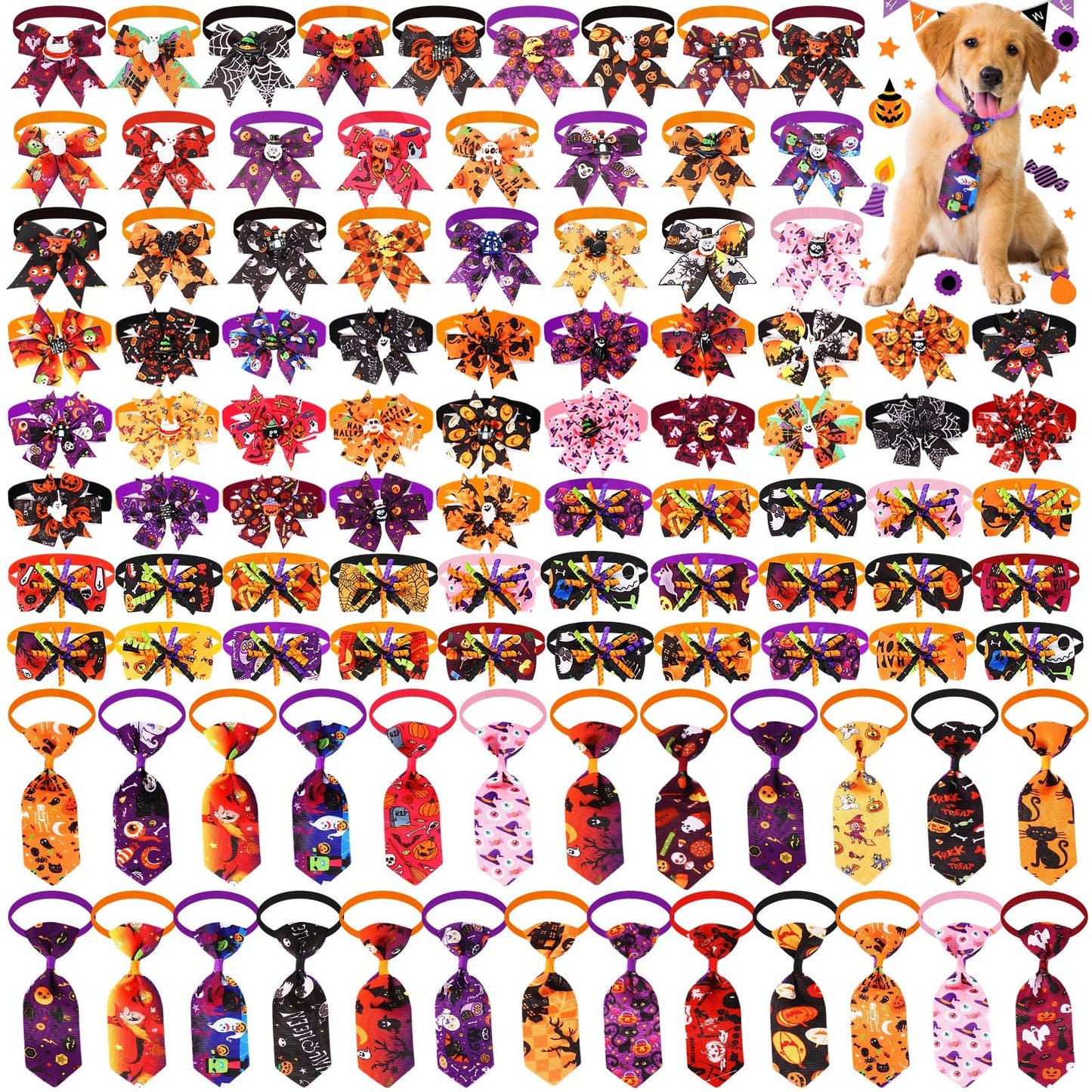 Huhumy 100 Pcs Halloween Dog Bow Tie Collar Bulk Pet Bow Tie Adjustable Dog Bowties Neckties Collars for Small Medium Pet Supply(Halloween)