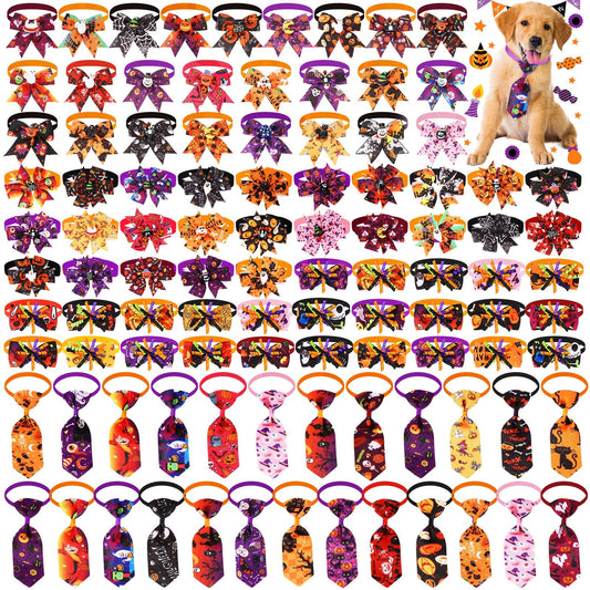 Huhumy 100 Pcs Halloween Dog Bow Tie Collar Bulk Pet Bow Tie Adjustable Dog Bowties Neckties Collars for Small Medium Pet Supply(Halloween)