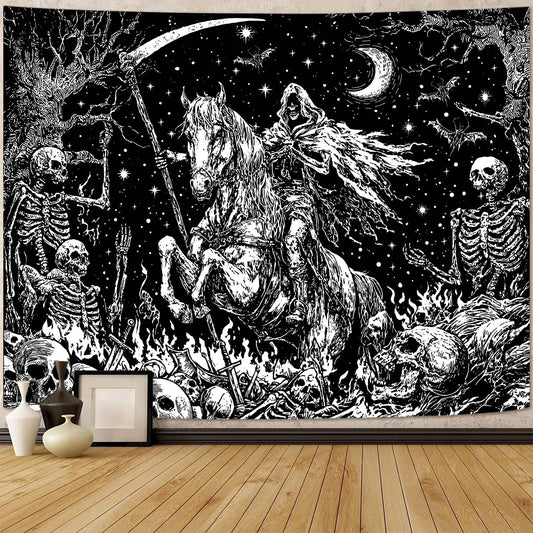 Lifeella Gothic Skeleton Tapestry, Horror Moon Skull Dark Death Grim Reaper Wall Art for Bedroom Grunge Room Decor, Black and White 44x60 inches