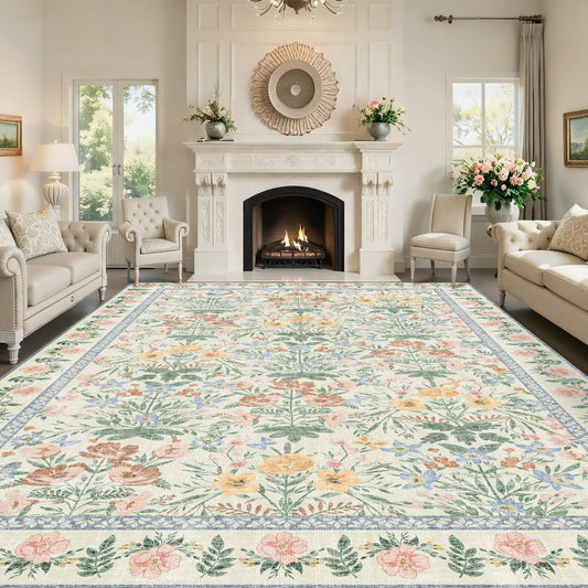Arvenchy Boho Washable Area Rug: Floral Green 9x12 Rug for Living Room Girls Bedroom Nursery Home Decor - Soft Vintage Carpet Non-Slip Stain-Resistant Kids Pet Friendly