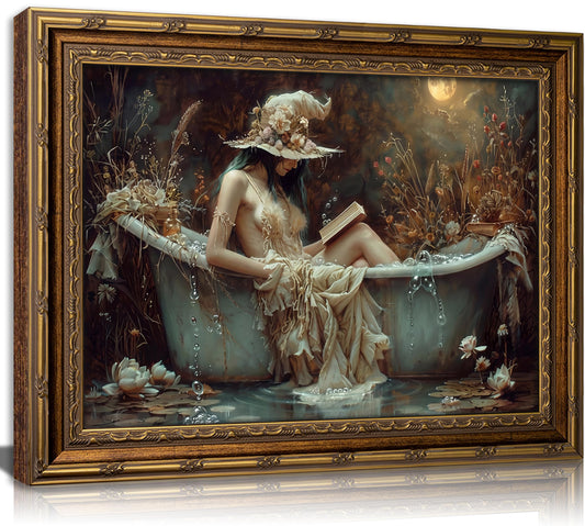 Vintage Gold Framed Witchy Bathroom Wall Art, Cottagecore Witch Reading in Bathtub Canvas Prints, Dark Academia Celestial Wall Decor, Moody Gothic Halloween Poster, Witchcraft Artwork for Toilet