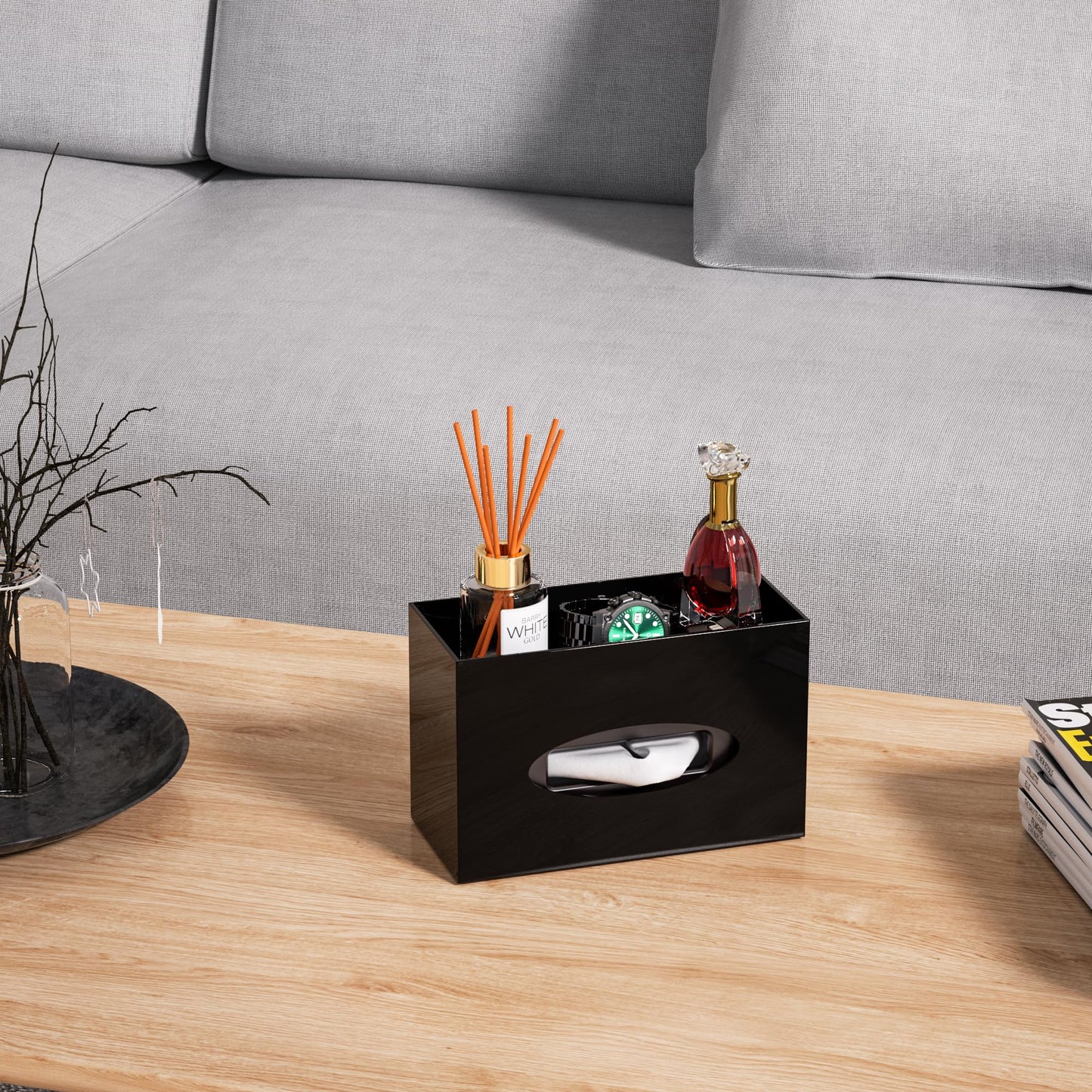 Hongtuocb Black Acrylic Tissue Box Cover Rectangular,Acrylic Tissue Dispenser with Storage Tray for Bathroom Kitchen Home Office (Black, 9.85x4.5x6.3)