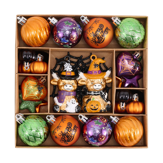 Valery Madelyn 30ct Halloween Ornaments Tree Decorations, Shatterproof Highland Cow Pumpkins Hearts Vintage Decorative Hanging Ball Ornaments Set for Small Tree, Cute Holiday Party Indoor Home Decor