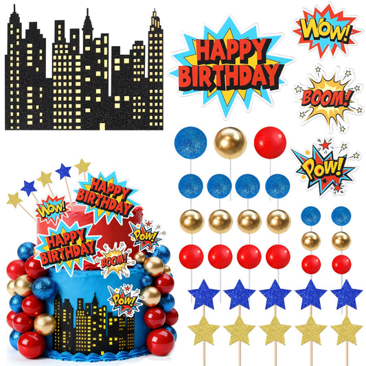 Rsstarxi Superhero Cake Topper Superhero Birthday Decorations with Star Balls Super Pow Boom Cake Pick for Baby Shower Kids Boys Birthday Party Decorations Supplies