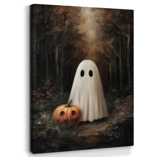 EGVQK Vintage Halloween Ghost Pumpkin Canvas Wall Art, Dark Cottagecore Forest Spooky Ghost Canvas Pictures Wall Decor, Halloween Walls Art Prints for Home Living Room Bedroom Decorations, 11x14 inch