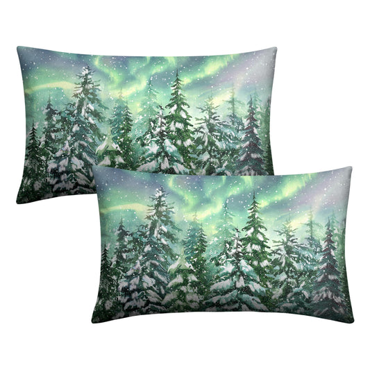 Kwlegh Winter Aurora Lumbar Pillow Covers 12x20 Set of 2 Snowy Pine Tree Throw Pillow Covers Green Polar Light Forest Pillow Case Rectangular Cushion Case for Home Decor Couch Sofa