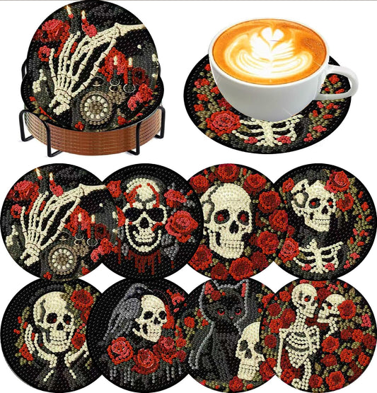 KYOQFVN 8 PCS Halloween Diamond Art Coasters Kits, DIY Halloween Diamond Painting Coasters with Holder, Full Drill Art Crafts Supplies for Cup Mat for Home Decor
