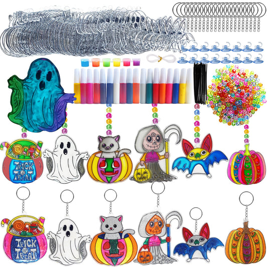 Ayhuhra 30 Sets Halloween Suncatcher Keychains Craft DIY Window Paint Art Suncatchers Witch Pumpkin Bat Cat Ghost Trick or Treat Sun Catchers for Halloween Activities Art Project