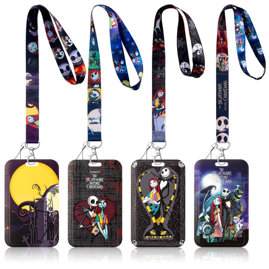 C1krint Halloween Lanyard Card Holders - 4 Set Cartoon Skull Neck Lanyard Strap with ID Badge Holder Horror Jack and Sally Christmas Card Case for Halloween Nurse Students Teachers Office Staff Supply