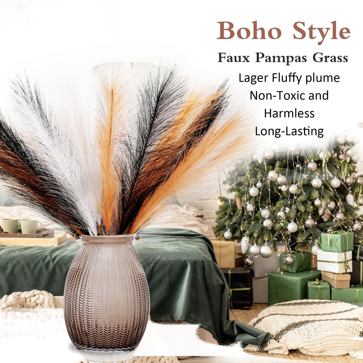 Acfruits 30PCS Black White Orange Faux Pampas Grass 17" for Vase Filler