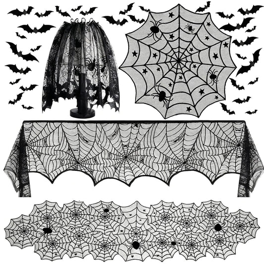 Zoonlinpp 5 Pack Halloween Decorations Indoor Black Lace Table Runner Fireplace Mantel Scarf Cover Spider Web Tablecloth Cobweb Lampshade with 32 Pcs Bat Wall Stickers Spooky Party Decor