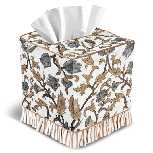 CPC Autumn Vine Hand Block Print Cotton Ruffle Tissue Box Cover 4.5"x4.5"x5"Inch, Square Decorative Tissue Holder Cover for Bathroom, Living Room, Bedroom, Home Décor, Vanity, Car Gift for Summer