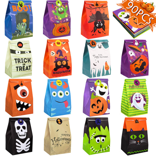 90shine 90PCS Halloween Treat Bags Party Favors - Trick or Treat Candy Goodie Gift Bag Stuffer Filler Paper Supplies Decorations with 90 Stickers