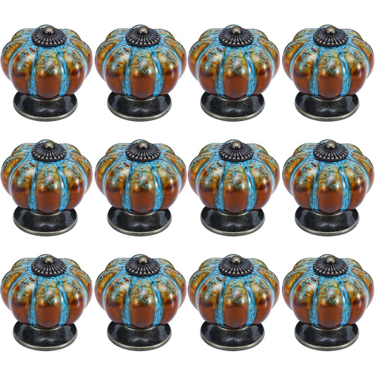 IEIK Cabinet Knobs 12 Pack Glazed Ceramic Knobs with Pumpkin Shape for Decor Door Pull Handle for Vintage Cabinet Drawers, Closets, Cupboard (Blue)