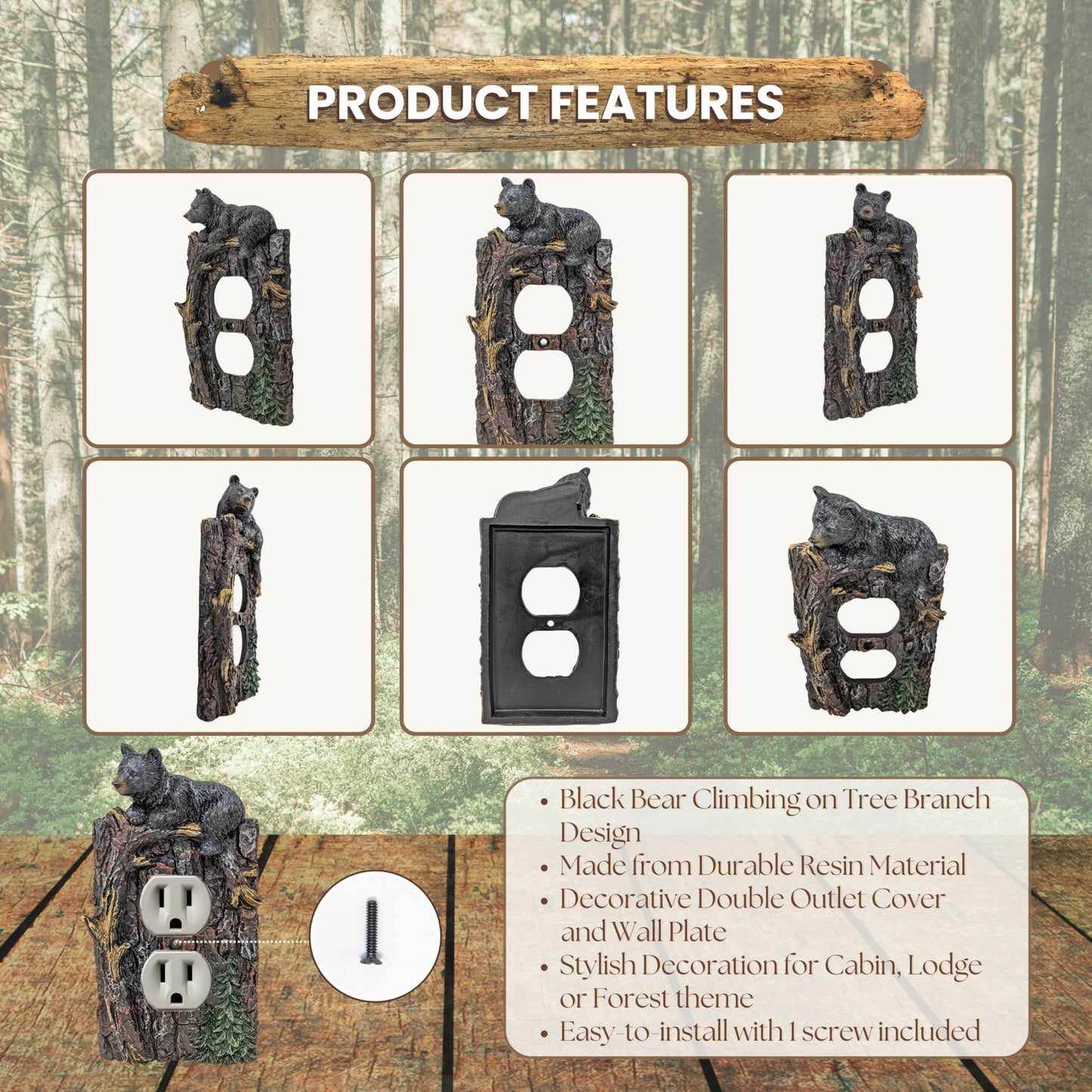 Rustic Black Bear Wall Plate Cover, Climbing Bear on Tree Branch Style