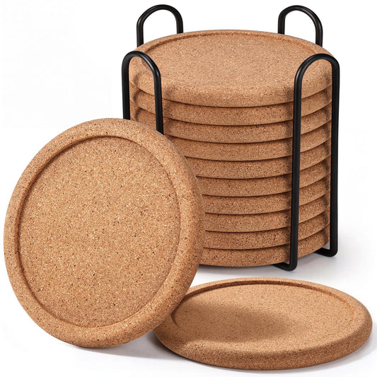 Cork Coasters for Drinks with Metal Holder, GOH DODD Absorbent Blank Coasters Tabletop Protection Home Decor for Housewarming Gifts Wedding Laser Engraving Wood Burning, Set of 12, Round, 4 Inch