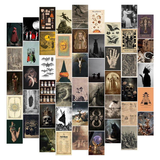 Waschbär 50PCS Witchy Gothic Wall Collage Kit, Vintage Aesthetic Posters, Spooky Occult Decor, Wiccan and Tarot Art for Witch Room, Dark Academia and Victorian Gothic Home Decor