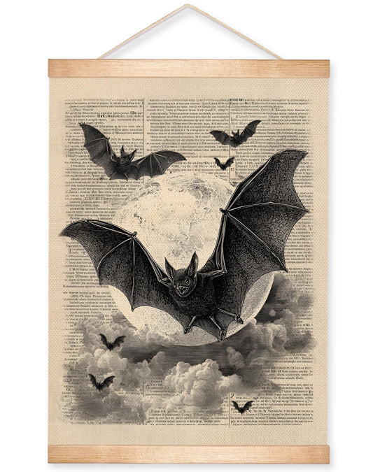 HEYJEEPER Gothic Bats and Moon Wall Art Decor,14x18Inch Bats Flying Over Full Moon Prints Poster,Vintage Dark Academia Wall Hanging Decor for Living Room, Bedroom, Dark Academia,or Witchy Home Decor