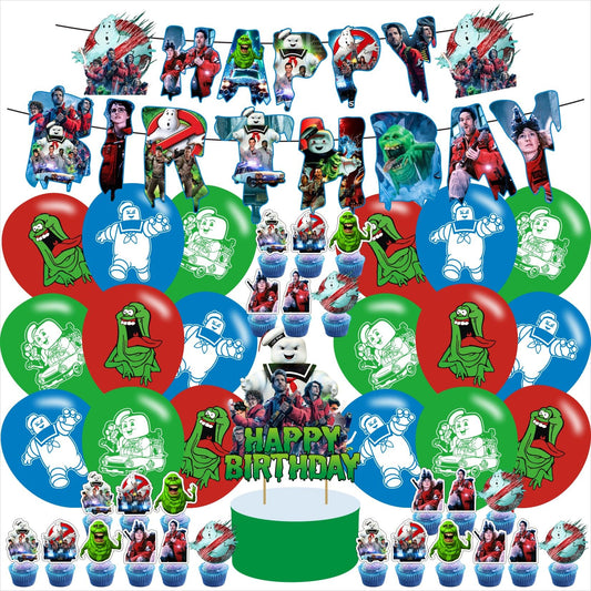 Ghost_busters Birthday Party Supplies - Ecto Green, Blue - Includes Banner, Cake Topper, 12 Cupcake Toppers, 18 Balloons, 50 Stickers