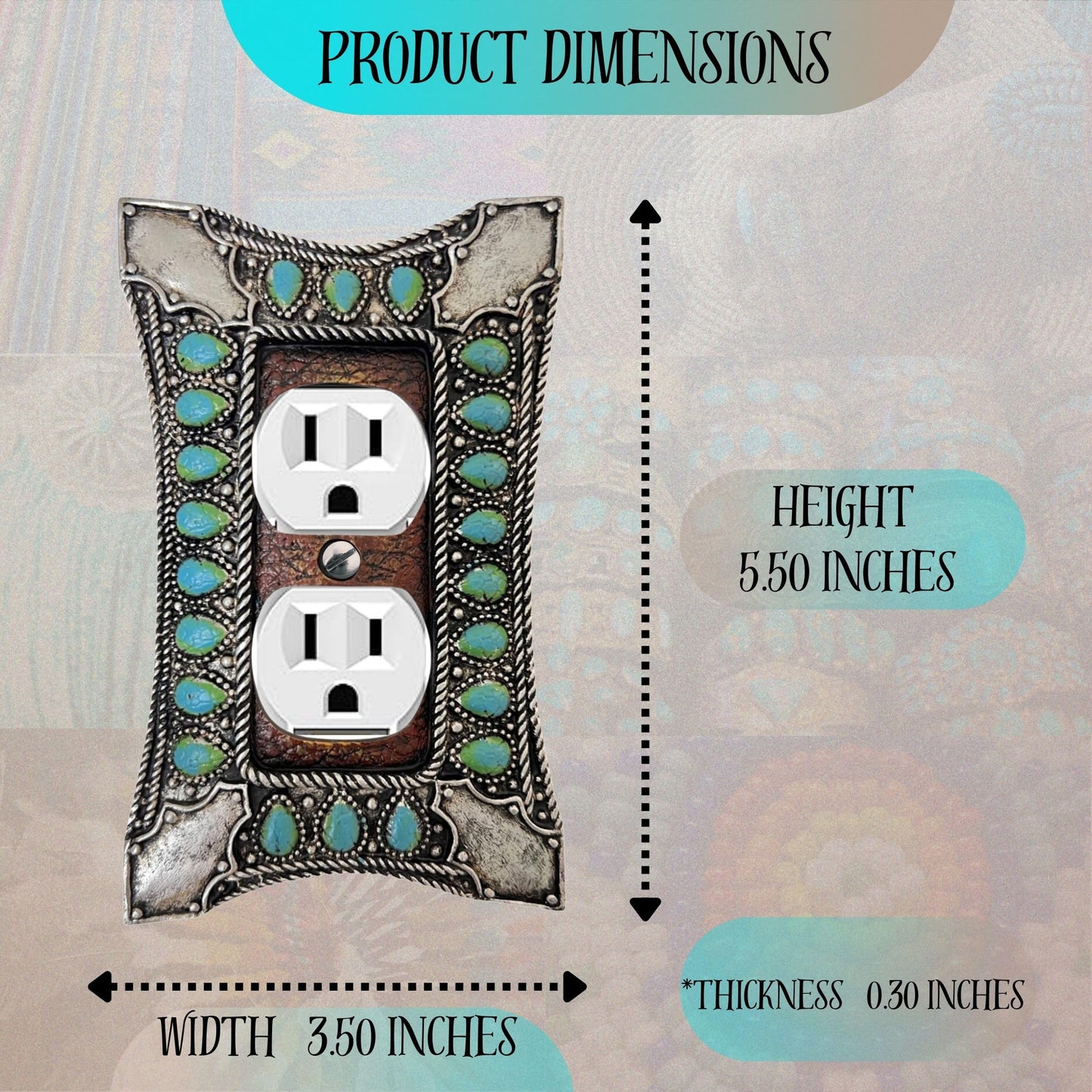 Double Outlet Cover Decorative Wall Plate - 1-Gang Light Switch Cover in Southwest Tooled Leather and Hand-Painted Faux Turquoise Gemstone Design - Southwestern & Native American Inspired Home Decor