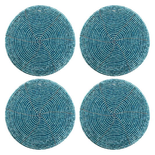 Handmade Beaded Bar Drink Tabletop Protection Coasters - Set of 4 - Halloween Harvest Autumn Fall Thanksgiving Holiday Christmas Xmas Celebration Festive Party 4" Round - Teal