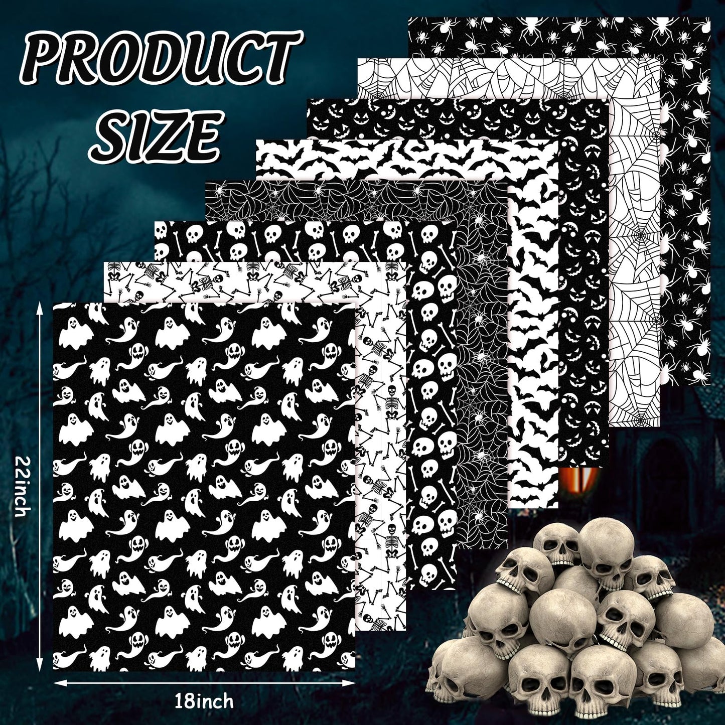 JarThenaAMCS 8Pcs Halloween Cotton Fabric Bundles Ghost Skull Bat Spider Web Fat Quarters Spooky Black White Quilting Patchwork for DIY Sewing Craft Decor, 18 x 22 Inch