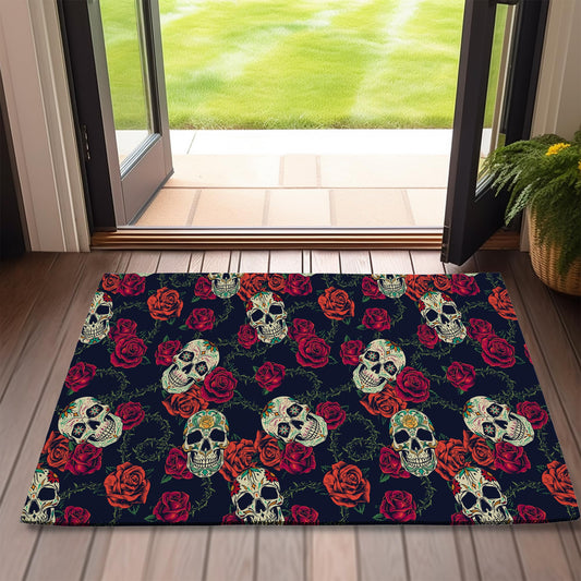 Halloween Sugar Skulls Welcome Door Mat,Vintage Roses Doormat for Outside Entrance Home Decor,Non-Slip Carpet Rugs with Felt Entryway Mat for Patio Indoor Front 17" x 30"