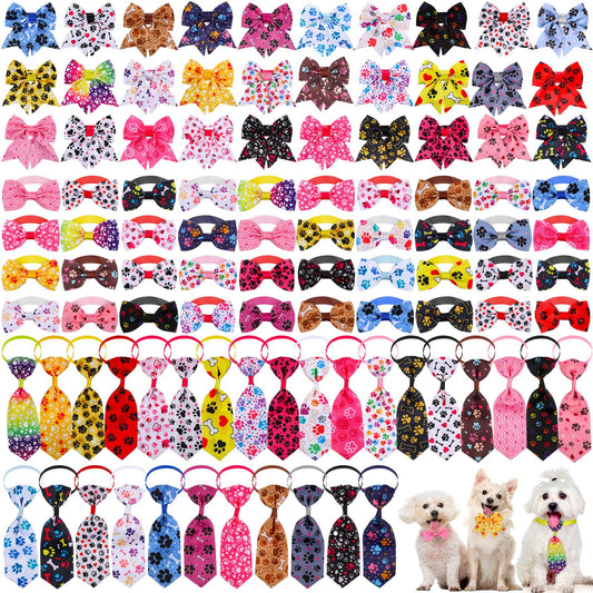 Reginary 100 Pieces Dog Bow Tie Collar Set Include 40 Dog Neckties, and 30 Puppy Bowties, 30 Collar Flowers, Adjustable Pet Ties Grooming for Small Medium Cats Pets Supply(Paw Bone)