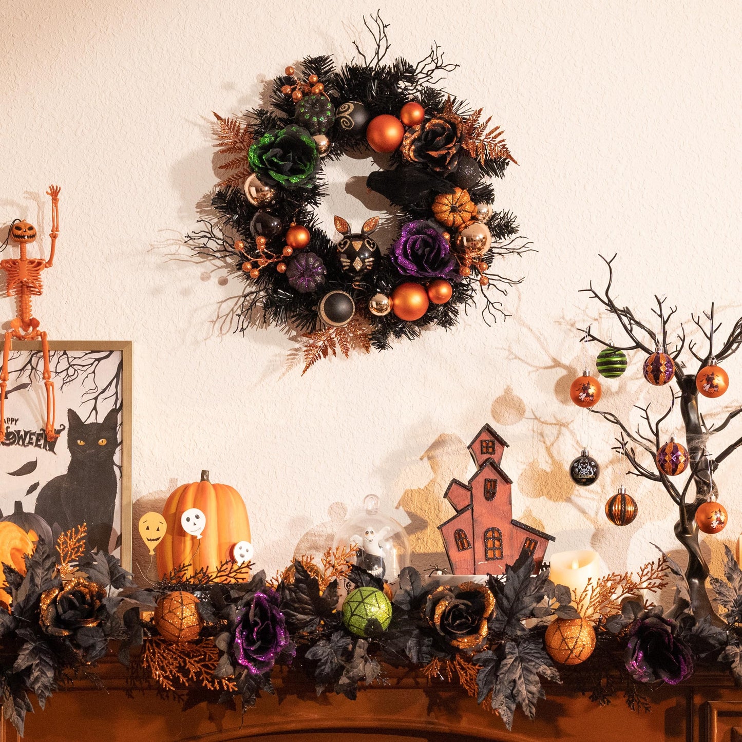 Valery Madelyn 24 Inch Halloween Wreath with Lights for Front Door, Collapsible Pre-Lit Wreath with Fake Crow Pumpkin Halloween Decorations for Home Wall Decor