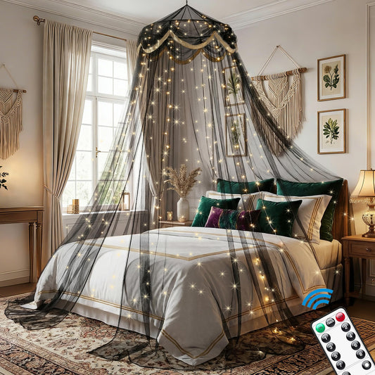emopaw Black Bed Canopy with Fairy Lihgts, Mosquito Netting Canopy Bed Curtains for Twin to Queen Size Bed, Indoor Decor Bedroom Reading Nook Halloween Decoration