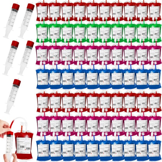80 Packs Halloween Blood IV Bags for Drinks Reusable Energy Container Juice Pouch Prop for Halloween Zombie Nurse Hospital Theme Party Decoration, Vampire Party Props (80pcs Bag/Label, 5 Syringes)