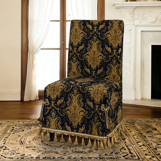 Loom and Mill 1 Piece Luxury Dining Chair Cover, Classic Damask Jacquard Dining Room Parsons Chair Covers with Tassels & Ties, Non Slip Full Cover Protector for Halloween Holiday Party Decor(Black)