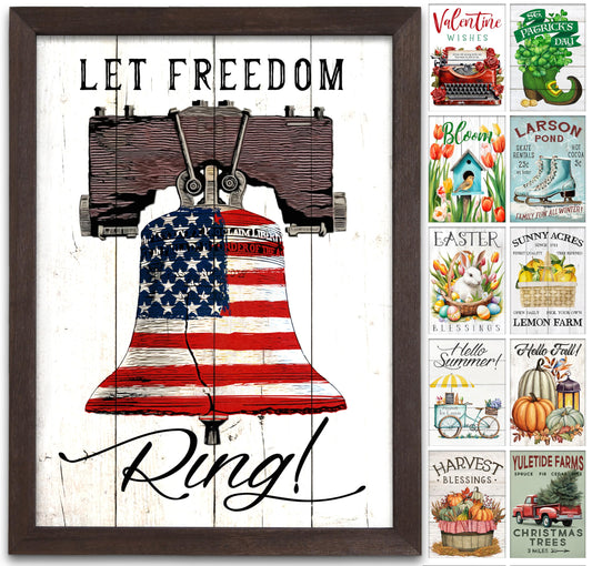 Farmhouse Wall Decor for your Home - 12x16 Rustic Wood Frame with 14 Interchangeable Sayings for the 4 Seasons, Christmas, Easter, Thanksgiving & July 4