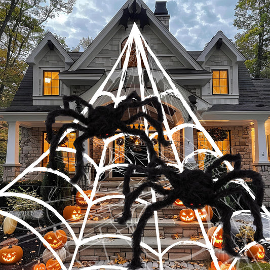 ArtCreativity Giant Spider Halloween Decorations, Includes Two 24" Spiders and a 16.4' Spider Web, Outdoor Spider Web Decoration with 2 Giant Spiders, Outdoor Halloween Decorations for Haunted House