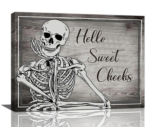 Bathroom Decor Wall Art Halloween Skeleton Canvas Prints Painting Gothic Skull Bathroom Pictures Framed Funny Weird Artwork for Toilet Restroom Washroom 16"x12"