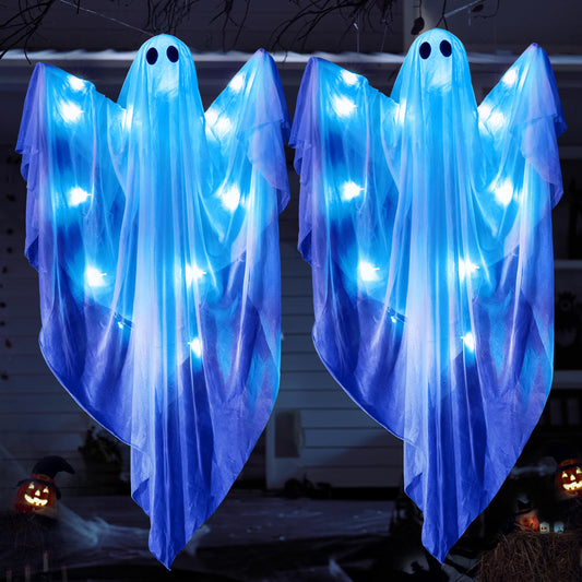 JOYIN 2 Pcs 47” Halloween Hanging Light up Ghost Decorations Outdoor, Halloween White Hanging Ghosts with Blue LED Lights and Timer for Haunted House Party Supplies Front Yard Patio Garden Decor