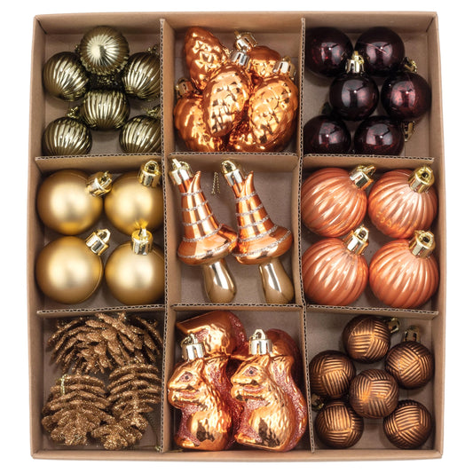 DecorbyHannah Fall Ornaments Tree Decorations, 45ct Autumn Thanksgiving Harvest Pinecone Mushroom Squirrel Tree Ornaments Set, Shatterproof Gold Farmhouse Hanging Ball Decor for Home Indoor Table