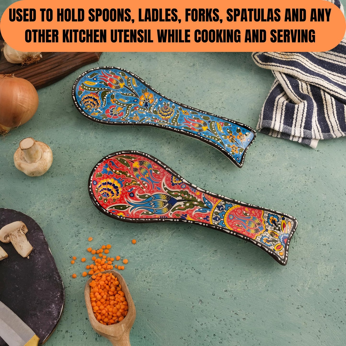 BCS Spoon Rest Set of 2 - Ceramic Spoon Holder for Stovetop & Kitchen Counter - Dishwasher Safe Handmade Kitchen Utensil (Blue-Red 3.5” W x 9" L)
