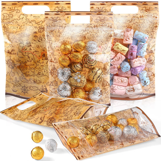 Teenyyou 60 Pcs Pirate Goodie Bags Plastic Treasure Map Gift Bags Pirate Booty Candy Treat Handbags for Treasure Hunt Nautical Themed Halloween Birthday Party Favors Supplies