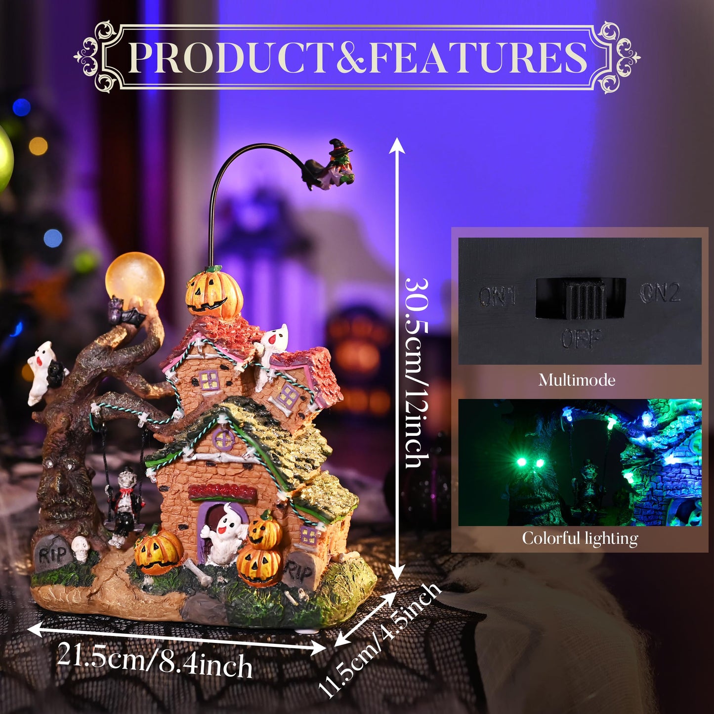 Valery Madelyn Halloween Decorations, Lighted Halloween Village Houses with Music and LED Lights, Resin Spooky Town Flying Witch and Haunted House for Home and Party Table Desk Mantel, 12 Inch