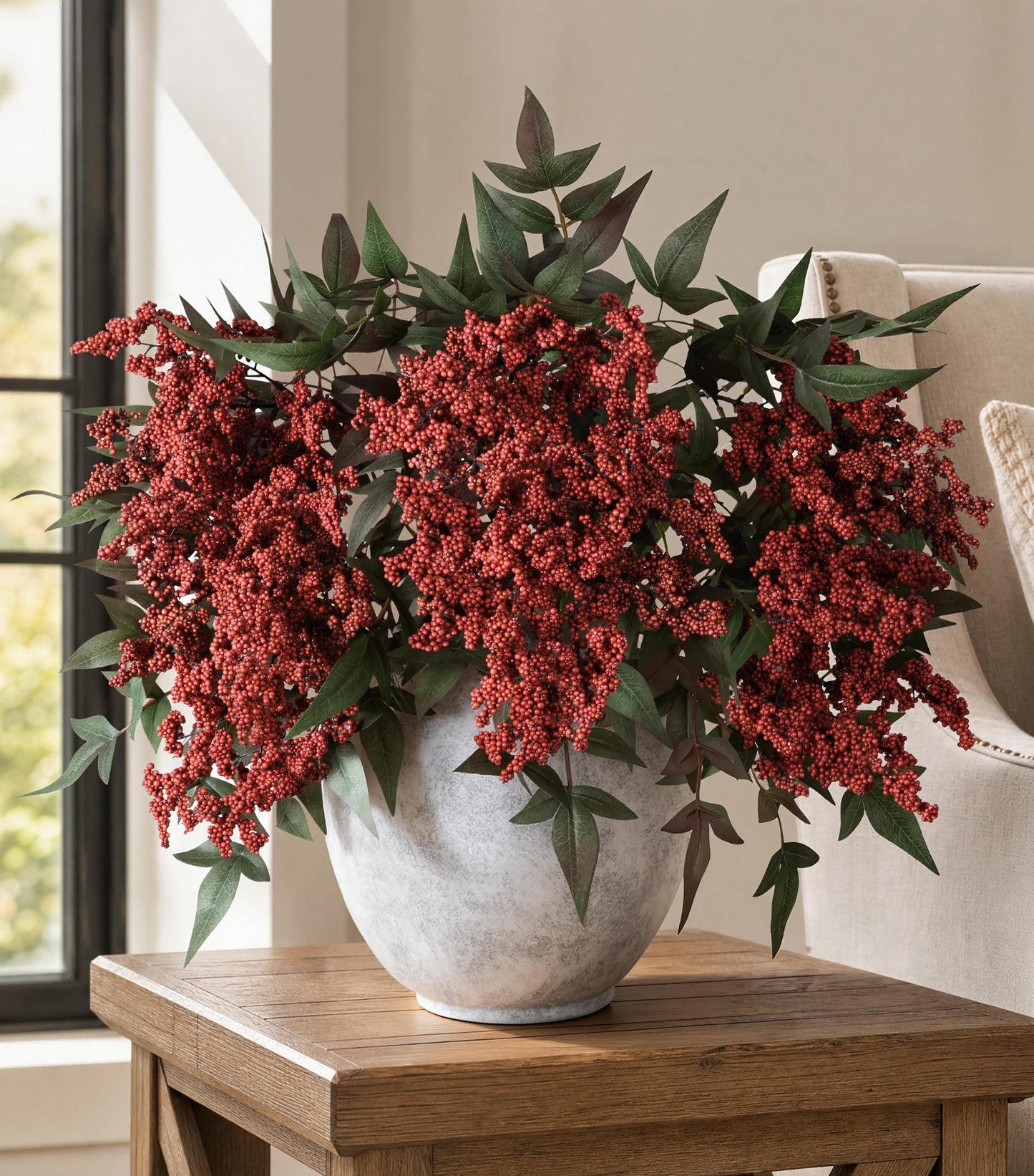 FancyPlus Artificial Flowers 35 Inch Artificial Nandina Berry Stem 3 Pcs Faux Flowers for Vase Realistic Sedum Spray for DIY Bouquet, Shower, Farmhouse, Mantel, Home Decor(Burgundy)