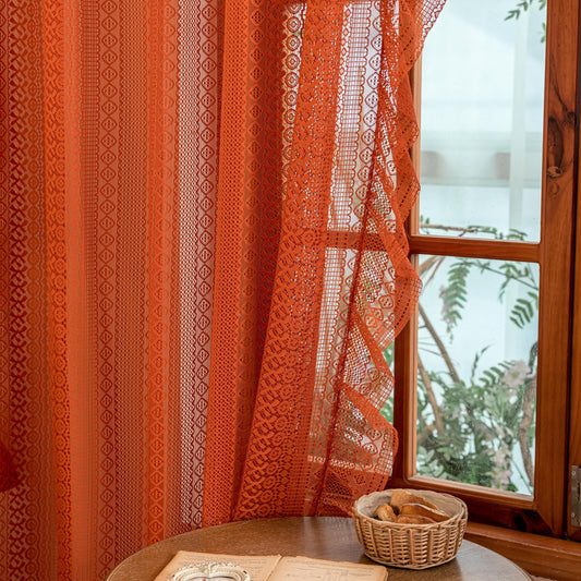 Sutuo Home Boho Sheer Curtains 63 Inch Length for Kitchen Nursery, Burnt Orange Ruffle Lace Curtains Crochet Vintage Chic Bohemian Privacy Rustic Halloween Decor Rod Pocket, 2 Panels 50" W,Terracotta
