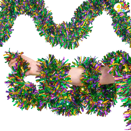 JOYIN 4 Pcs Mardi Gras Tinsel Garland, 66 Ft Gold Green Purple Metallic Streamers for Sparkling Glittering Hanging Decorations, Indoor Outdoor Mardi Gras Party Decorations Carnival Accessories
