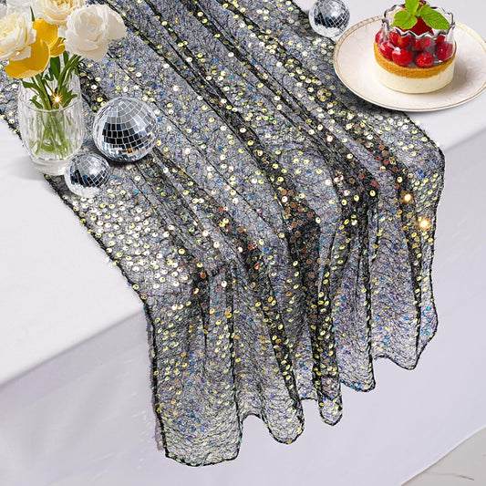 Black Sequin Table Runner 25"x120" Iridescent Table Runner Sparkly Fabric for Black Wedding Bachelorette Holiday Celebration Halloween Party Decorations