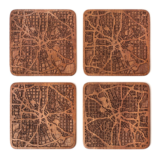 Dallas Map Coaster by O3 Design Studio, Set Of 4, Sapele Wooden Coaster With City Map, Handmade