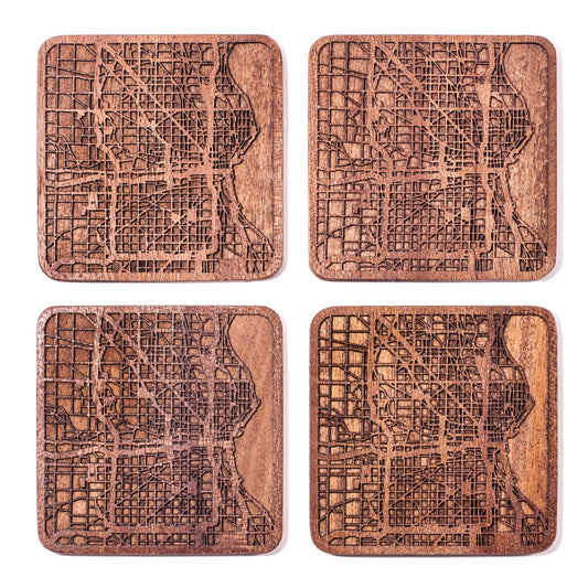 Milwaukee Map Coaster by O3 Design Studio, Set Of 4, Sapele Wooden Coaster With City Map, Handmade