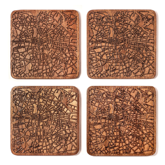 Dublin Map Coaster by O3 Design Studio, Set Of 4, Sapele Wooden Coaster With City Map, Handmade