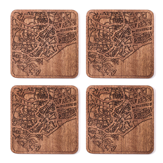 Singapore Map Coaster by O3 Design Studio, Set Of 4, Sapele Wooden Coaster With City Map, Handmade