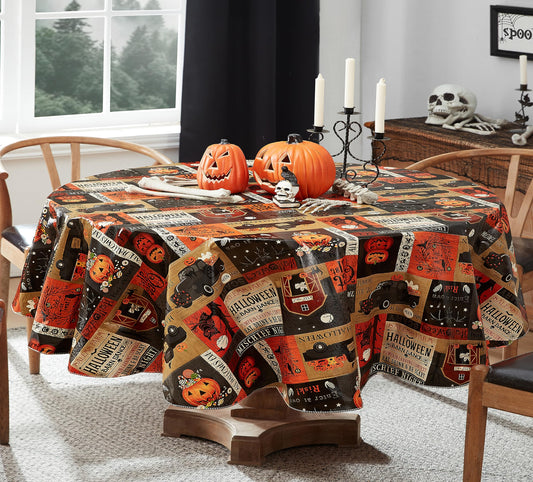 Newbridge Halloween Rustic Spooky Farm 60 x 84 Inch Oval Vinyl Tablecloth with Flannel Backing, Vintage Halloween Truck and Pumpkin Design, Easy Care Wipe Clean Table Cover