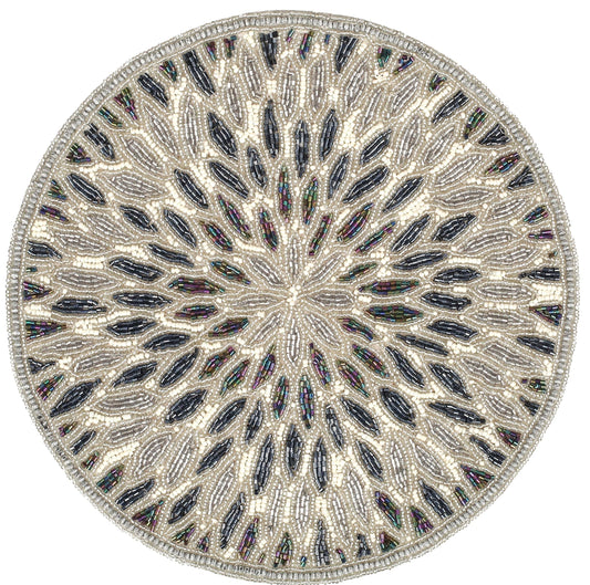 Beaded Charger 13" Round Floral Marigold - Silver Dark Grey Placemat for Dining Table, Holiday & Christmas